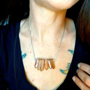 Dyed Orange Aura Quartz Crystal Point Necklace, Stainless Boho Statement 18"